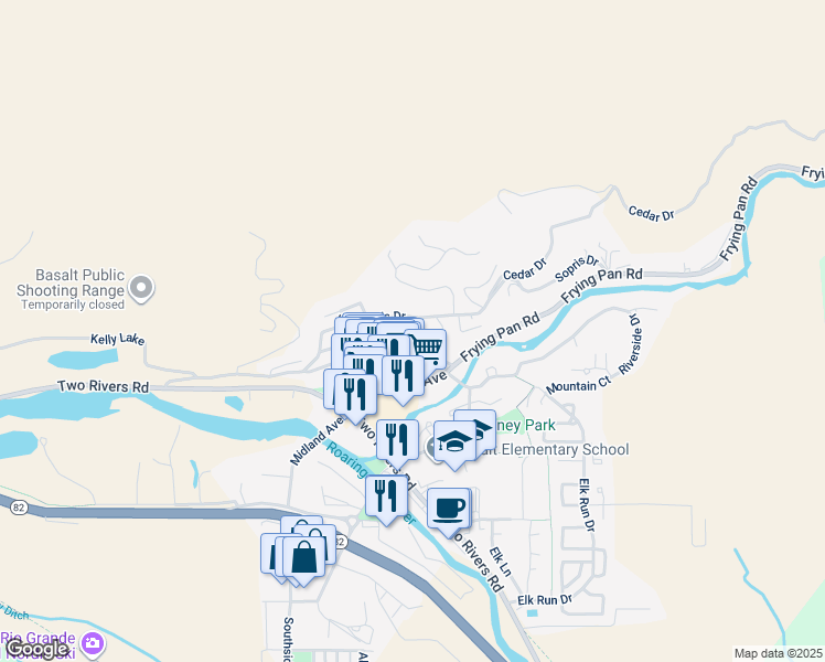 map of restaurants, bars, coffee shops, grocery stores, and more near 261 East Sopris Drive in Basalt