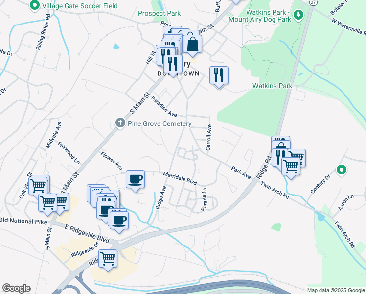 map of restaurants, bars, coffee shops, grocery stores, and more near 605 Wildwood Avenue in Mount Airy