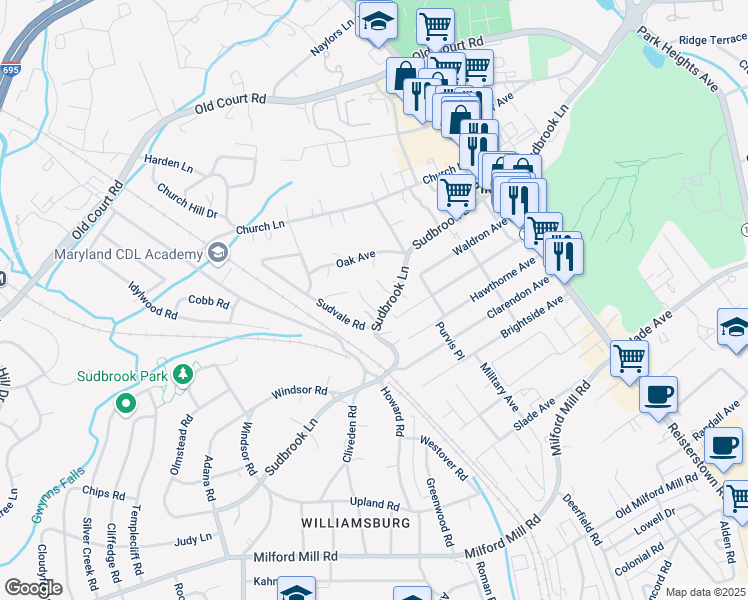 map of restaurants, bars, coffee shops, grocery stores, and more near 214 Sudbrook Lane in Pikesville