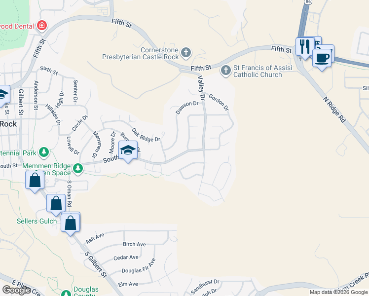 map of restaurants, bars, coffee shops, grocery stores, and more near 87 Johnson Drive in Castle Rock