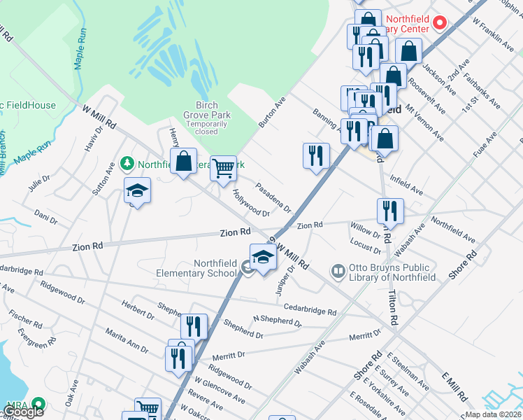 map of restaurants, bars, coffee shops, grocery stores, and more near 641 Hollywood Drive in Northfield