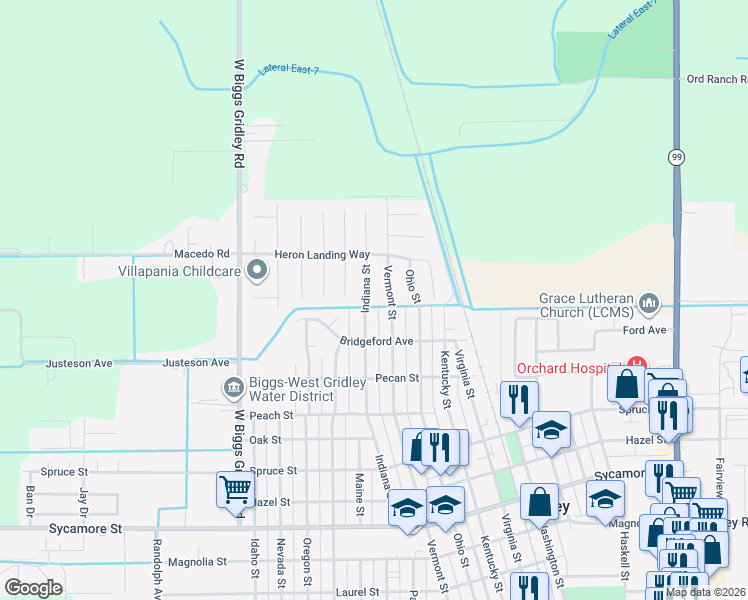 map of restaurants, bars, coffee shops, grocery stores, and more near 1810 Indiana Street in Gridley