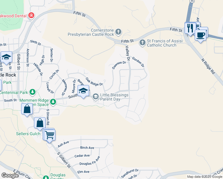 map of restaurants, bars, coffee shops, grocery stores, and more near 122 Dawson Drive in Castle Rock
