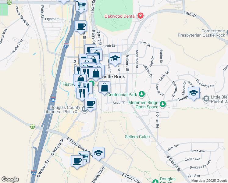 map of restaurants, bars, coffee shops, grocery stores, and more near 19 Cantril Street in Castle Rock