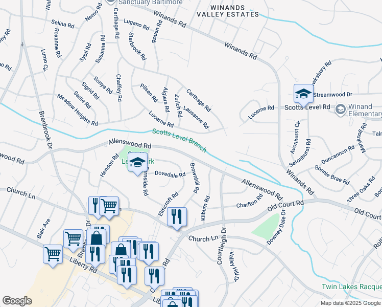 map of restaurants, bars, coffee shops, grocery stores, and more near 8600 Allenswood Road in Randallstown