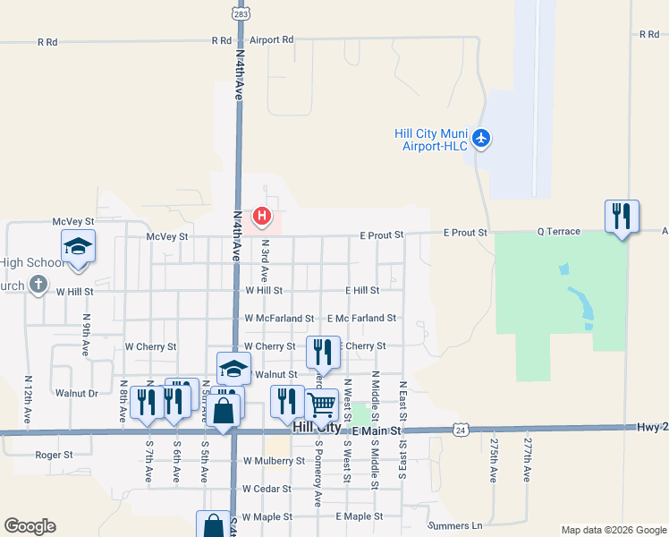map of restaurants, bars, coffee shops, grocery stores, and more near 600-698 North Pomeroy Avenue in Hill City