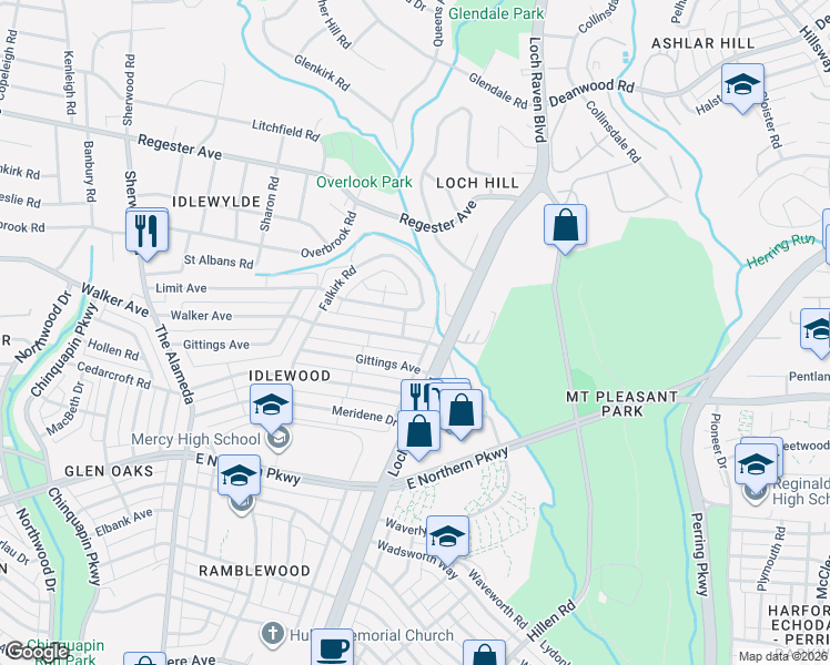 map of restaurants, bars, coffee shops, grocery stores, and more near 1432 Walker Avenue in Baltimore