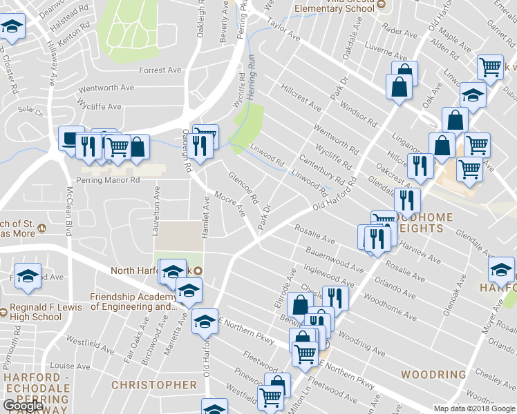 map of restaurants, bars, coffee shops, grocery stores, and more near 2533 Glencoe Rd in Baltimore