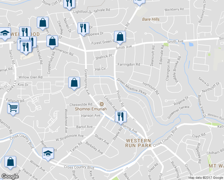map of restaurants, bars, coffee shops, grocery stores, and more near 6301 Fairlane Drive in Baltimore