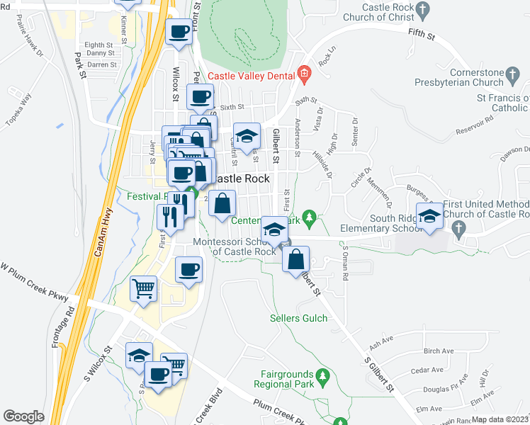 map of restaurants, bars, coffee shops, grocery stores, and more near 104 Lewis Street in Castle Rock
