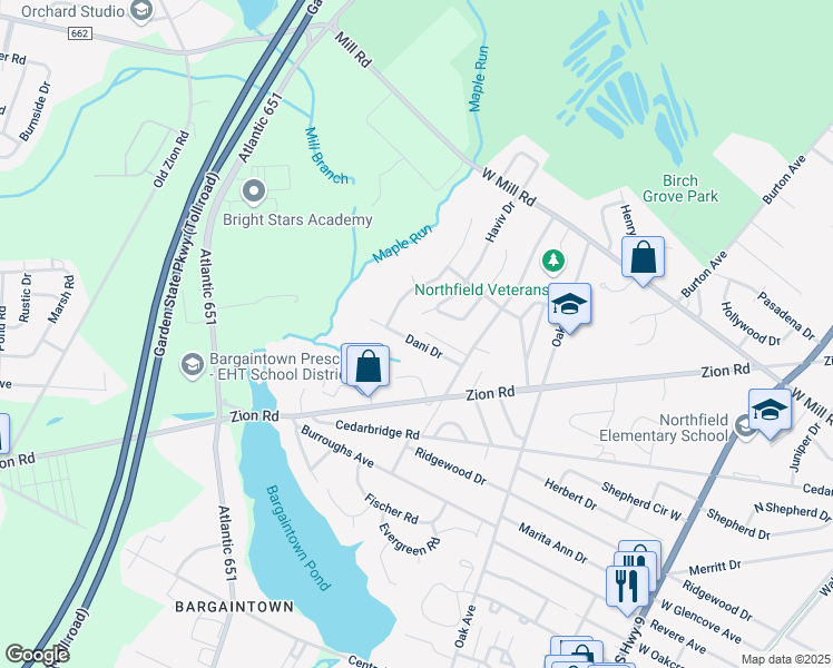 map of restaurants, bars, coffee shops, grocery stores, and more near 1119 Nugent Terrace in Northfield