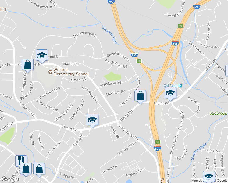 map of restaurants, bars, coffee shops, grocery stores, and more near 4522 Tapscott Road in Pikesville