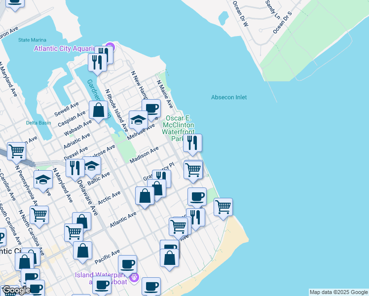 map of restaurants, bars, coffee shops, grocery stores, and more near 116 Sunrise Avenue in Atlantic City