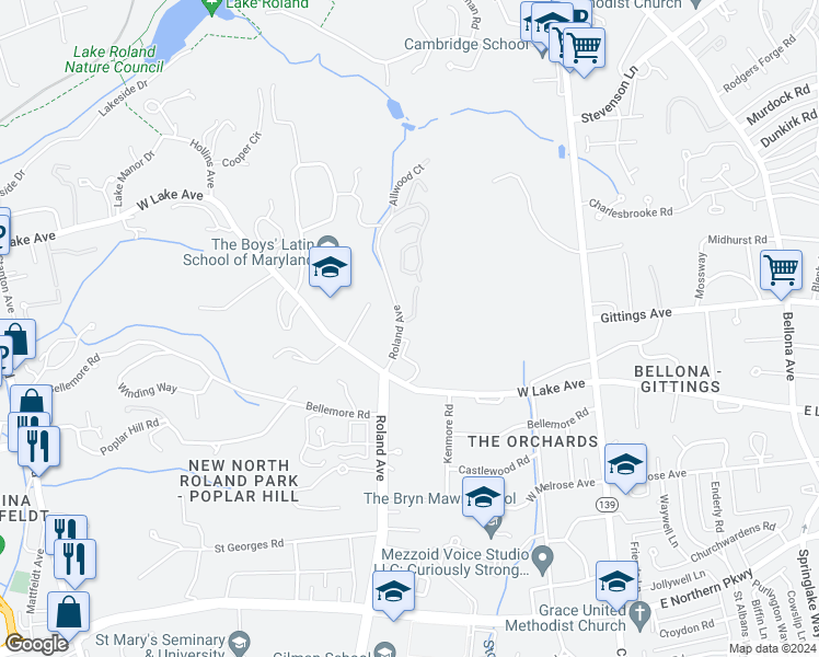 map of restaurants, bars, coffee shops, grocery stores, and more near 5909 Roland Avenue in Baltimore