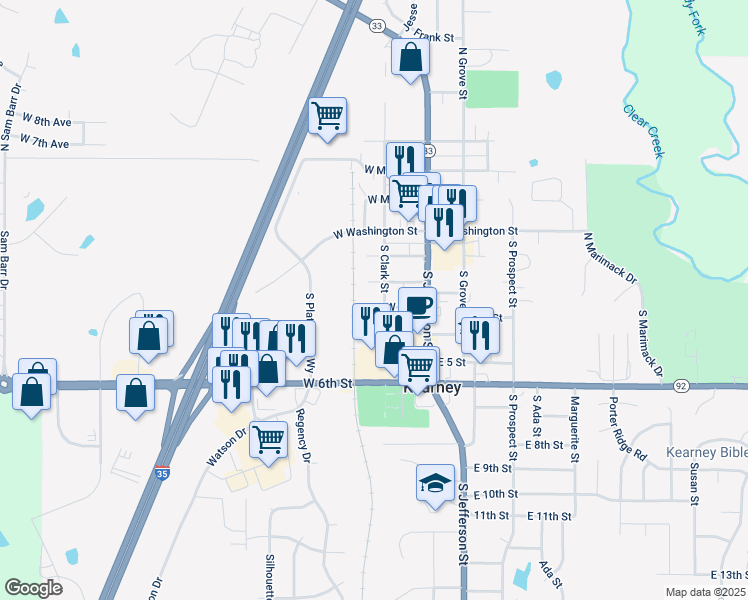 map of restaurants, bars, coffee shops, grocery stores, and more near 206 South Clark Street in Kearney