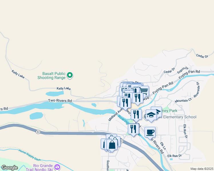 map of restaurants, bars, coffee shops, grocery stores, and more near 2-448 Wilderness Road in Basalt