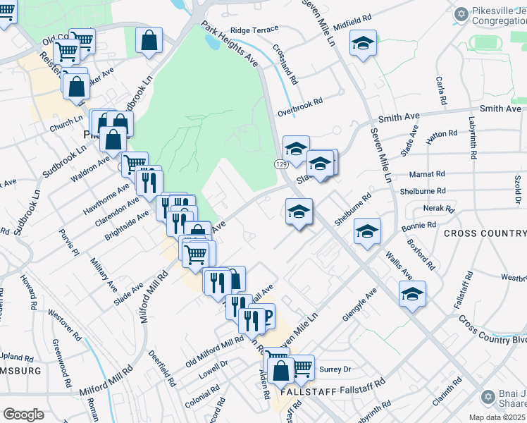 map of restaurants, bars, coffee shops, grocery stores, and more near Slade Village in Pikesville