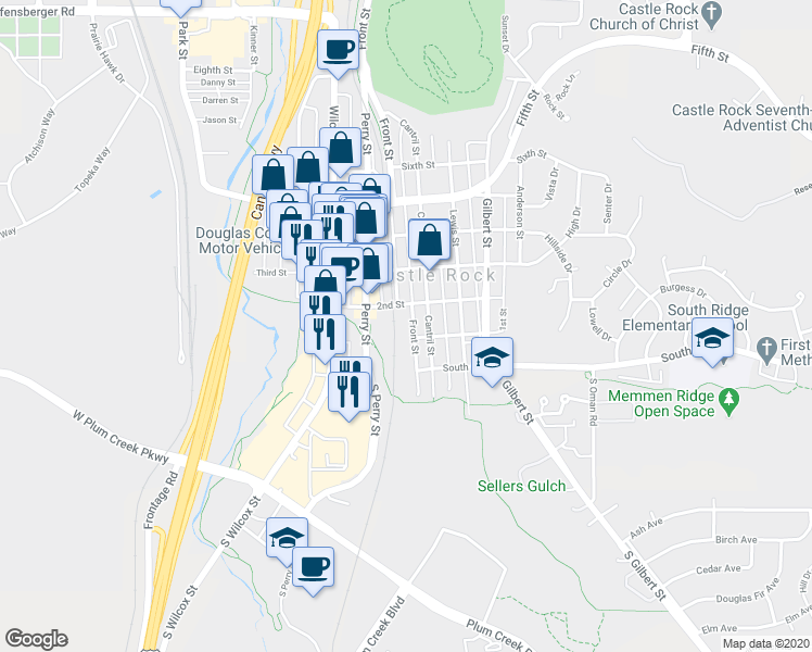 map of restaurants, bars, coffee shops, grocery stores, and more near 500 2nd Street in Castle Rock