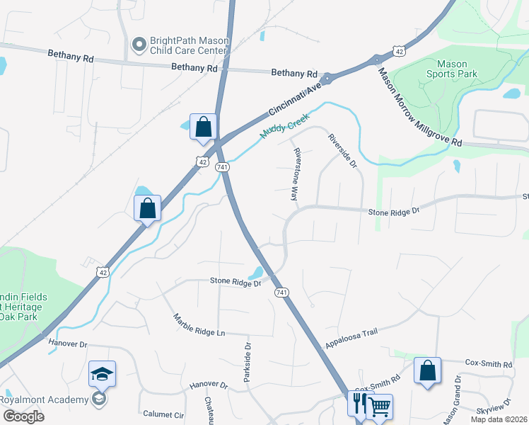 map of restaurants, bars, coffee shops, grocery stores, and more near 3827 Brookmere Place in Mason
