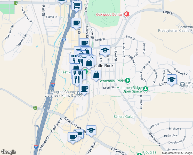 map of restaurants, bars, coffee shops, grocery stores, and more near 500 2nd Street in Castle Rock