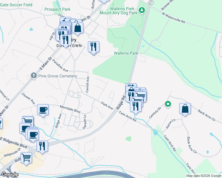 map of restaurants, bars, coffee shops, grocery stores, and more near 402 Windy Knoll Drive in Mount Airy