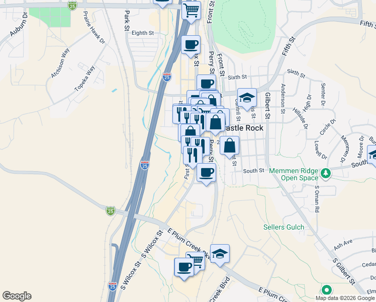 map of restaurants, bars, coffee shops, grocery stores, and more near in Castle Rock