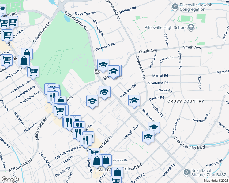map of restaurants, bars, coffee shops, grocery stores, and more near 7307 Park Heights Avenue in Pikesville