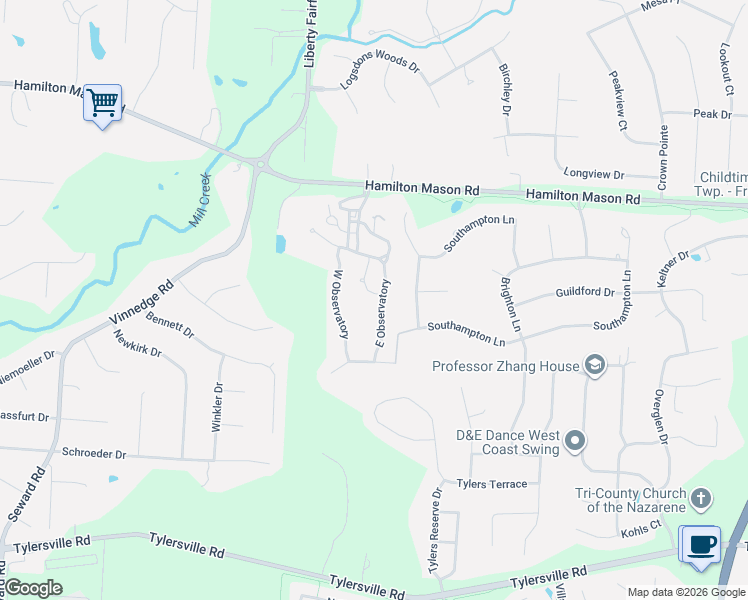 map of restaurants, bars, coffee shops, grocery stores, and more near 4415 East Observatory in Butler County