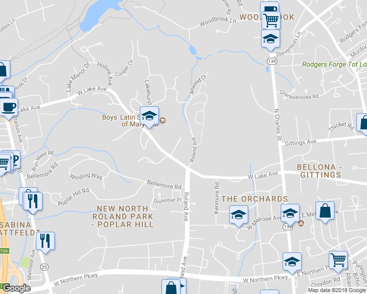 map of restaurants, bars, coffee shops, grocery stores, and more near 800 West Lake Avenue in Baltimore
