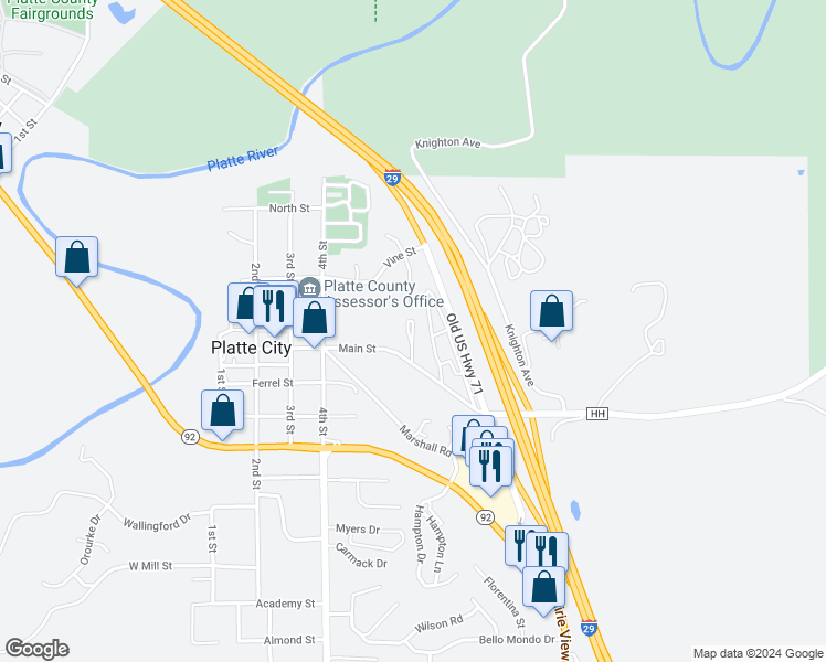 map of restaurants, bars, coffee shops, grocery stores, and more near 399 North Studio Drive in Platte City