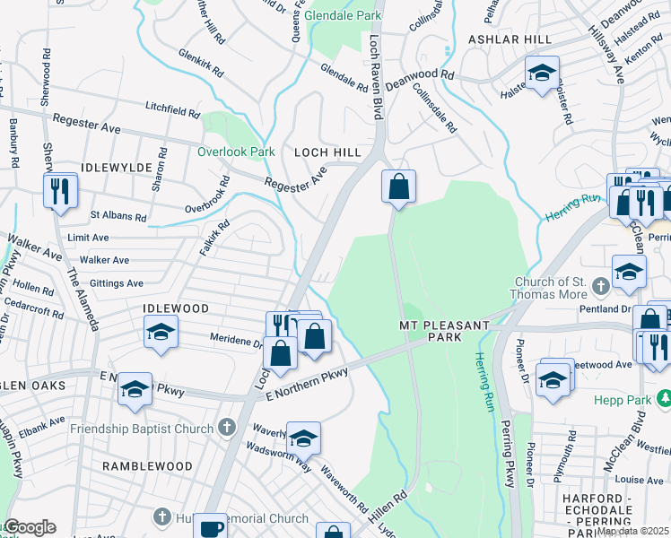 map of restaurants, bars, coffee shops, grocery stores, and more near 6401 Loch Raven Boulevard in Baltimore