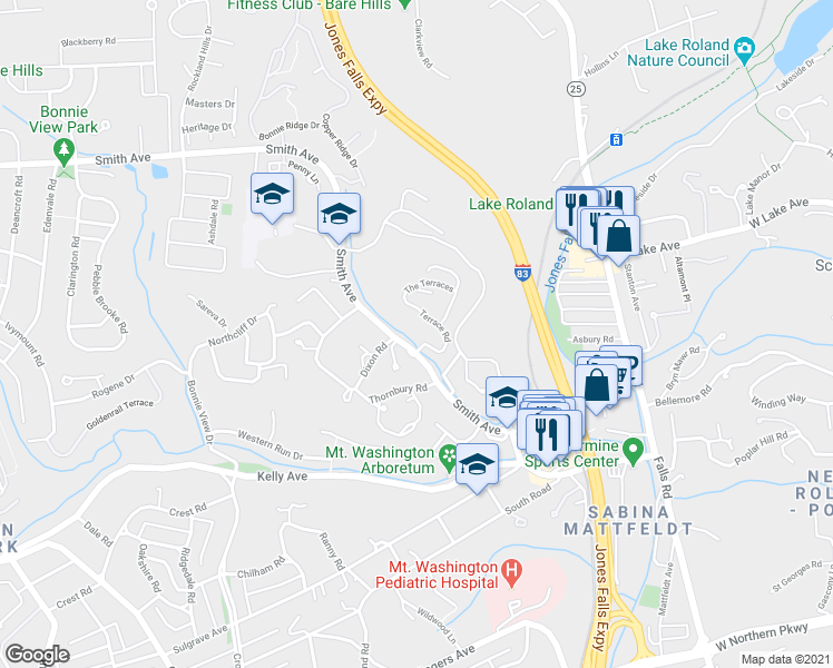 map of restaurants, bars, coffee shops, grocery stores, and more near 1700 The Terraces in Baltimore