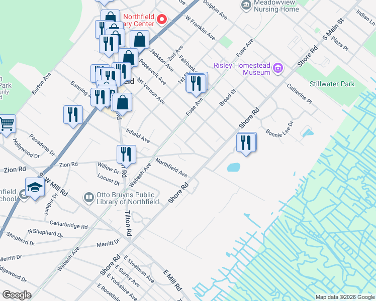 map of restaurants, bars, coffee shops, grocery stores, and more near 1214 Zion Road in Northfield