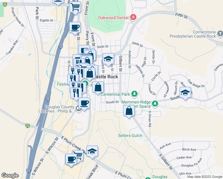 map of restaurants, bars, coffee shops, grocery stores, and more near 104 Lewis Street in Castle Rock