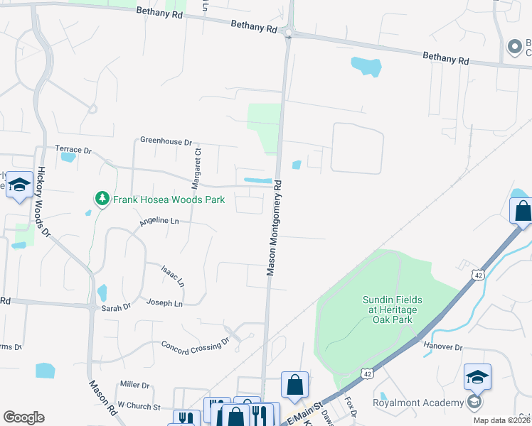map of restaurants, bars, coffee shops, grocery stores, and more near 4664 Court Yard Drive in Mason