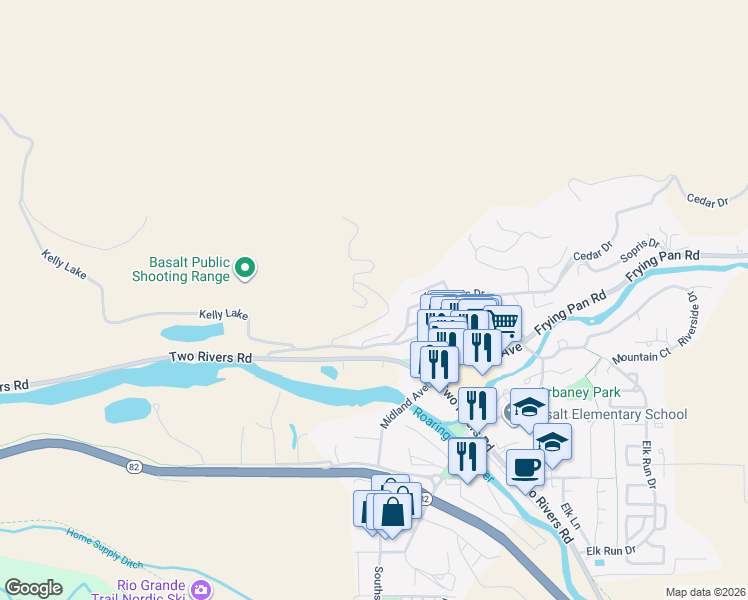 map of restaurants, bars, coffee shops, grocery stores, and more near 2-448 Wilderness Road in Basalt