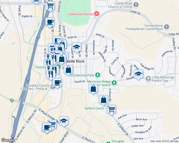 map of restaurants, bars, coffee shops, grocery stores, and more near 108 Gilbert Street in Castle Rock