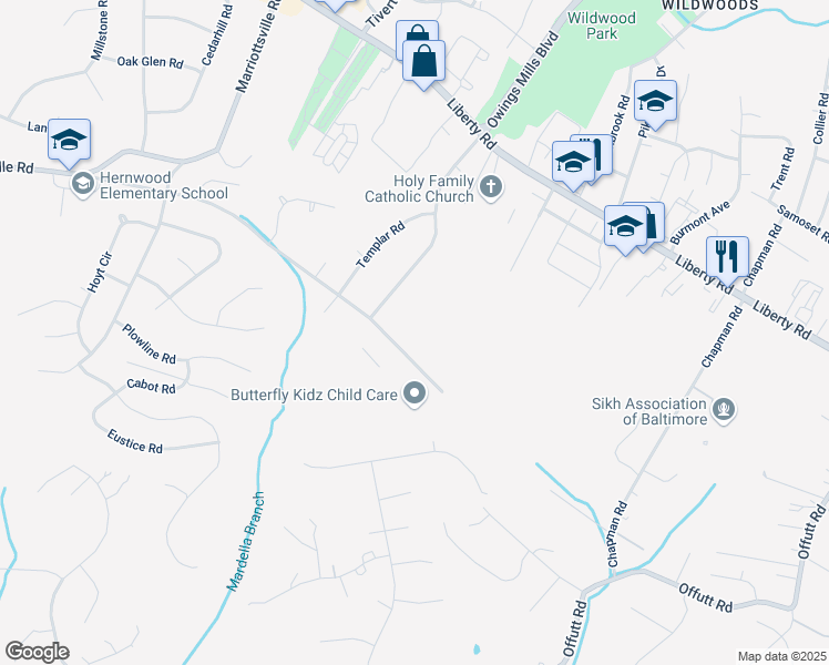 map of restaurants, bars, coffee shops, grocery stores, and more near 9618 Axehead Court in Randallstown
