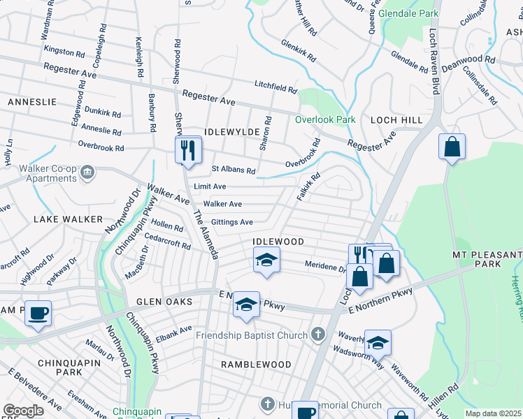 map of restaurants, bars, coffee shops, grocery stores, and more near 1309 Walker Avenue in Baltimore