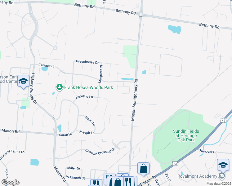 map of restaurants, bars, coffee shops, grocery stores, and more near 4663 Court Yard Drive in Mason