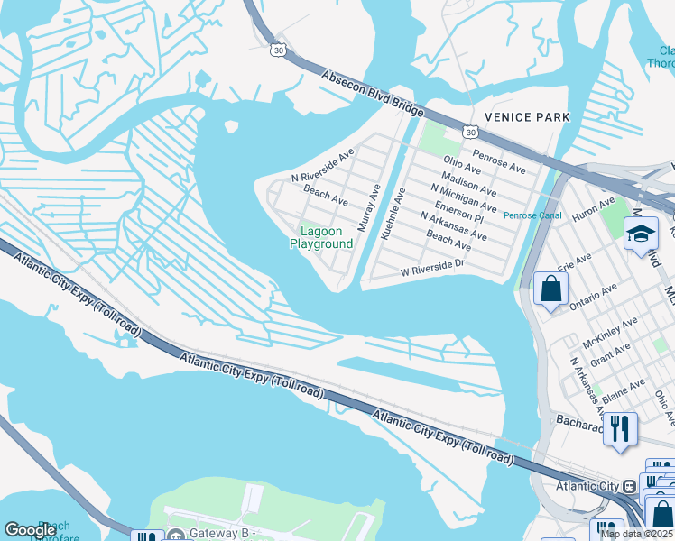 map of restaurants, bars, coffee shops, grocery stores, and more near 1800 W Riverside Ave in Atlantic City