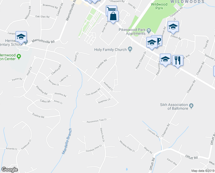 map of restaurants, bars, coffee shops, grocery stores, and more near 9637 Axehead Court in Randallstown