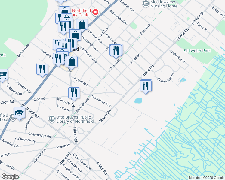 map of restaurants, bars, coffee shops, grocery stores, and more near 1214 Zion Road in Northfield