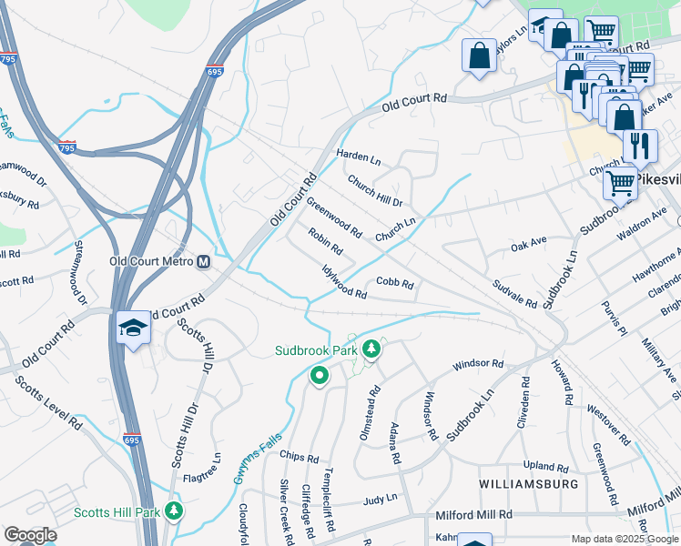 map of restaurants, bars, coffee shops, grocery stores, and more near Gwynnvale Road in Lochearn