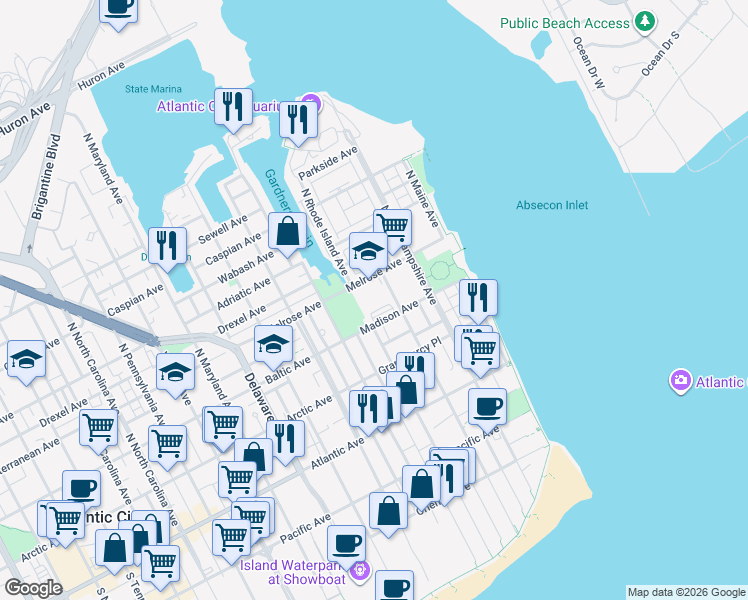 map of restaurants, bars, coffee shops, grocery stores, and more near 323 Madison Avenue in Atlantic City