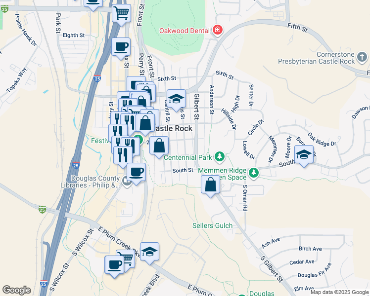 map of restaurants, bars, coffee shops, grocery stores, and more near 104 Lewis Street in Castle Rock