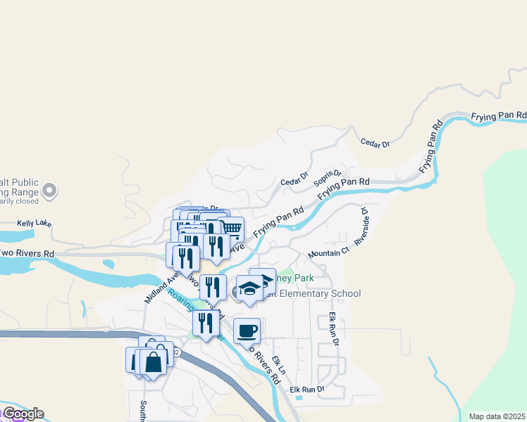 map of restaurants, bars, coffee shops, grocery stores, and more near 551-865 Frying Pan Road in Basalt