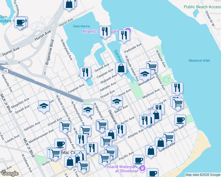 map of restaurants, bars, coffee shops, grocery stores, and more near 638 Drexel Avenue in Atlantic City