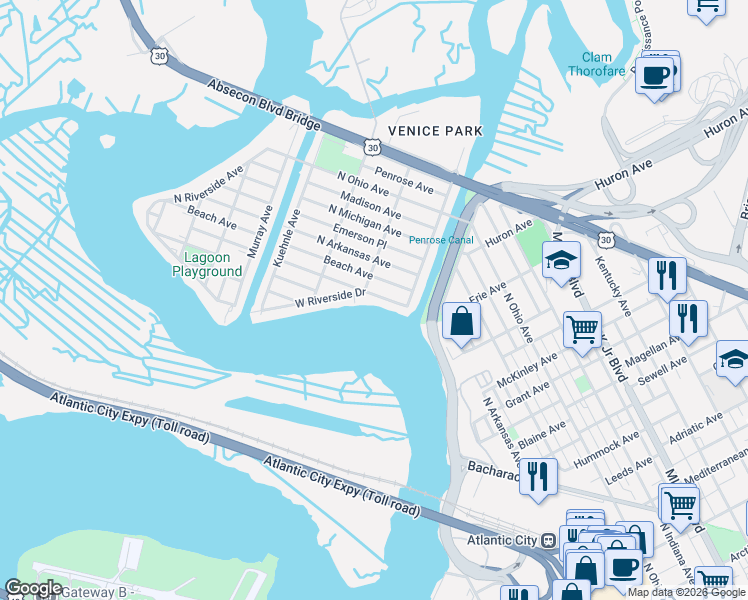 map of restaurants, bars, coffee shops, grocery stores, and more near 1462 West Riverside Drive in Atlantic City