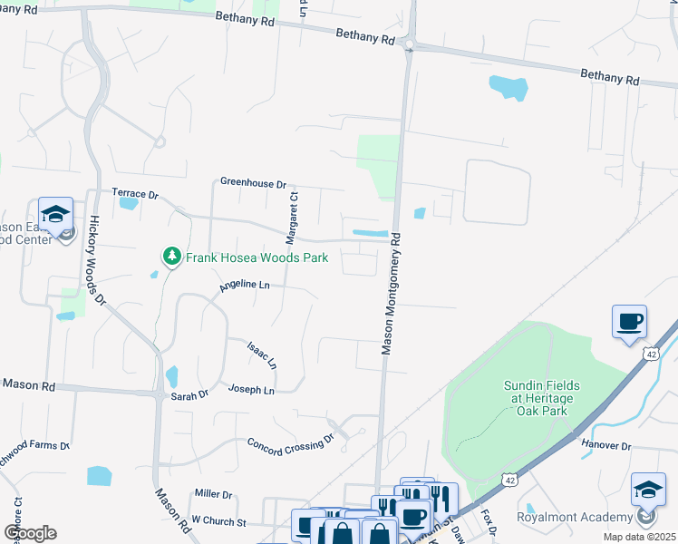 map of restaurants, bars, coffee shops, grocery stores, and more near 4663 Court Yard Drive in Mason